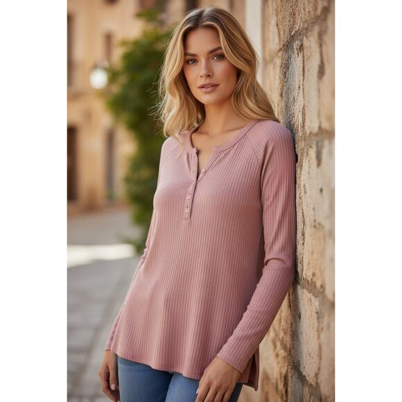 Matilda Jane Dusty Rose Ribbed Henley Top Long Sleeve Button Front Women’s S - Picture 2 of 6